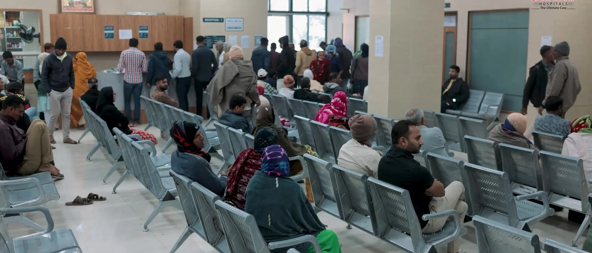 The outpatient waiting hall, empty of patients.